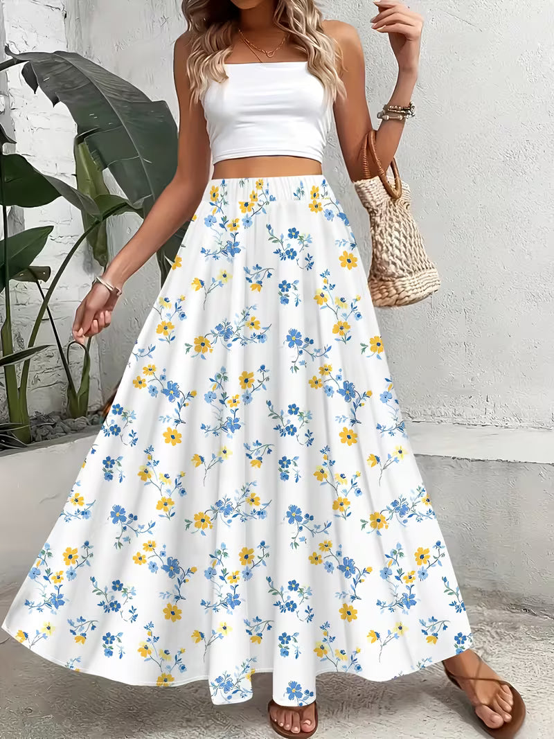 Women Blue Meadow Floral A Line Skirt  Airy Fabric with Graceful Movement and Elegant Pastel