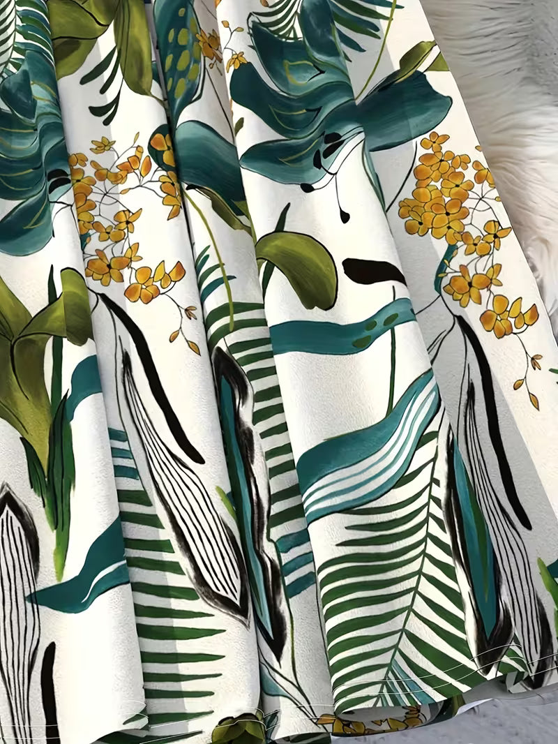 Tropical Palm Print High-Waisted Satin Maxi Skirt