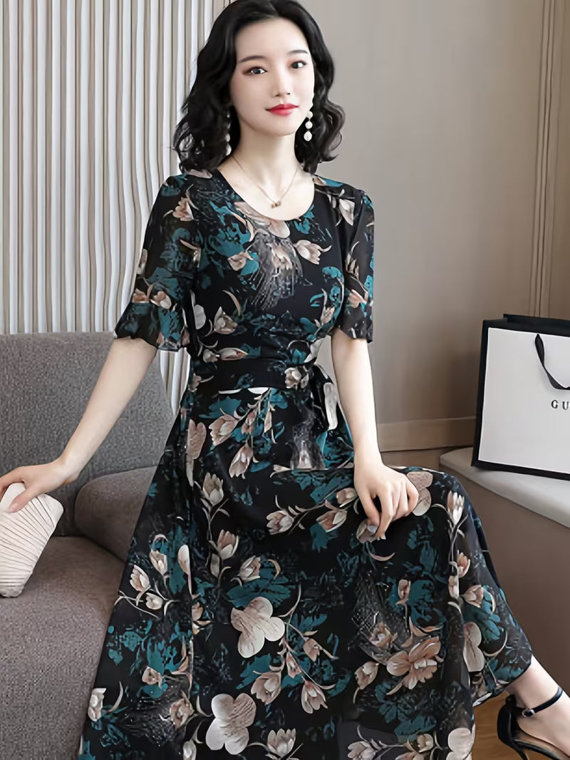 "Vintage Botanical Print A-Line Flowy Dress - Dark Floral"
