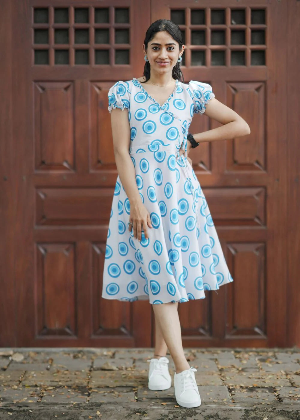 Beautiful grey & blue geometric print muslin dress