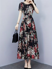 Short Sleeve Round Neck  Retro Rose Botanical Print Floral Chiffon Long Dress