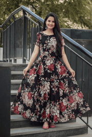 Short Sleeve Round Neck  Retro Rose Botanical Print Floral Chiffon Long Dress