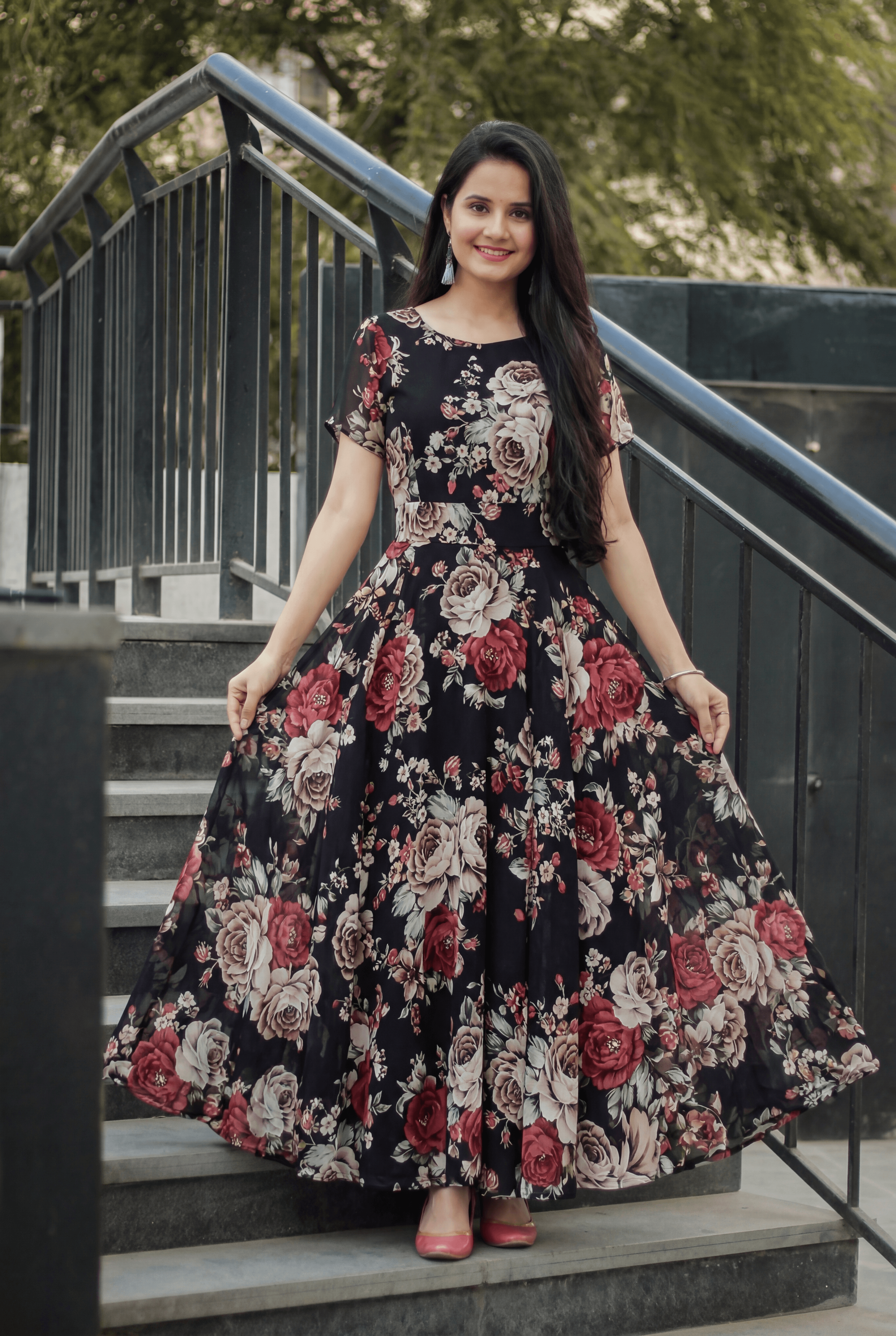 Short Sleeve Round Neck  Retro Rose Botanical Print Floral Chiffon Long Dress