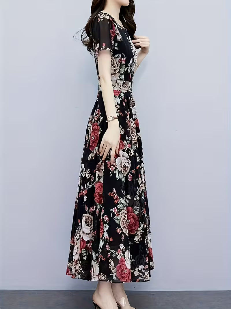 Short Sleeve Round Neck  Retro Rose Botanical Print Floral Chiffon Long Dress