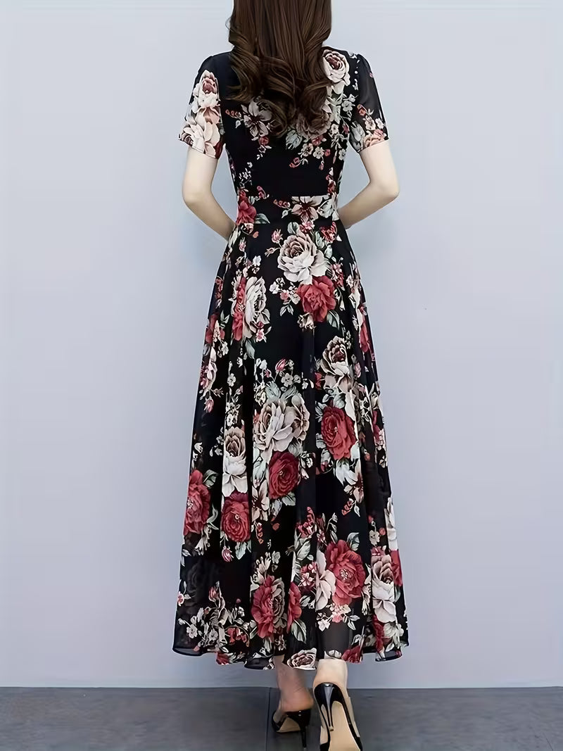 Short Sleeve Round Neck  Retro Rose Botanical Print Floral Chiffon Long Dress