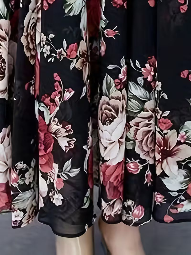 Short Sleeve Round Neck  Retro Rose Botanical Print Floral Chiffon Long Dress