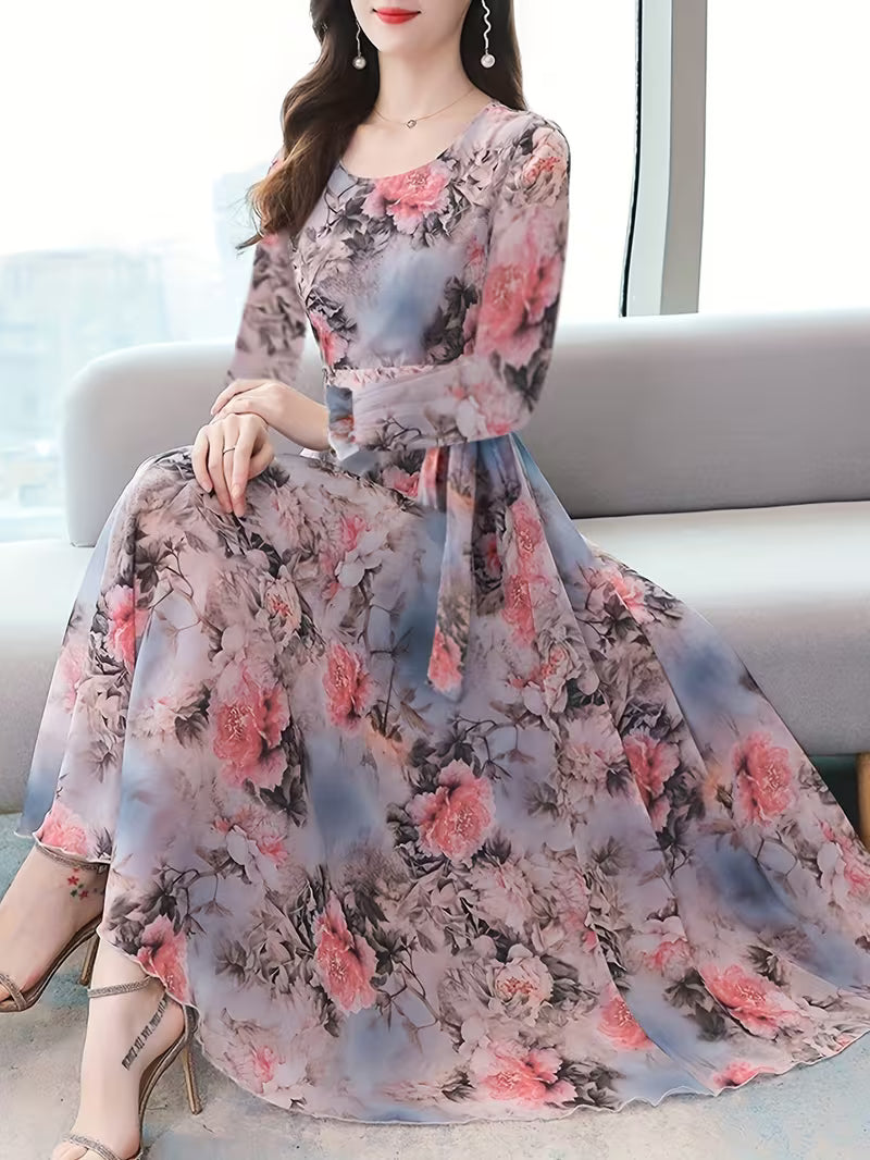 Mist Bloom Watercolor Floral Print  Midi Dress
