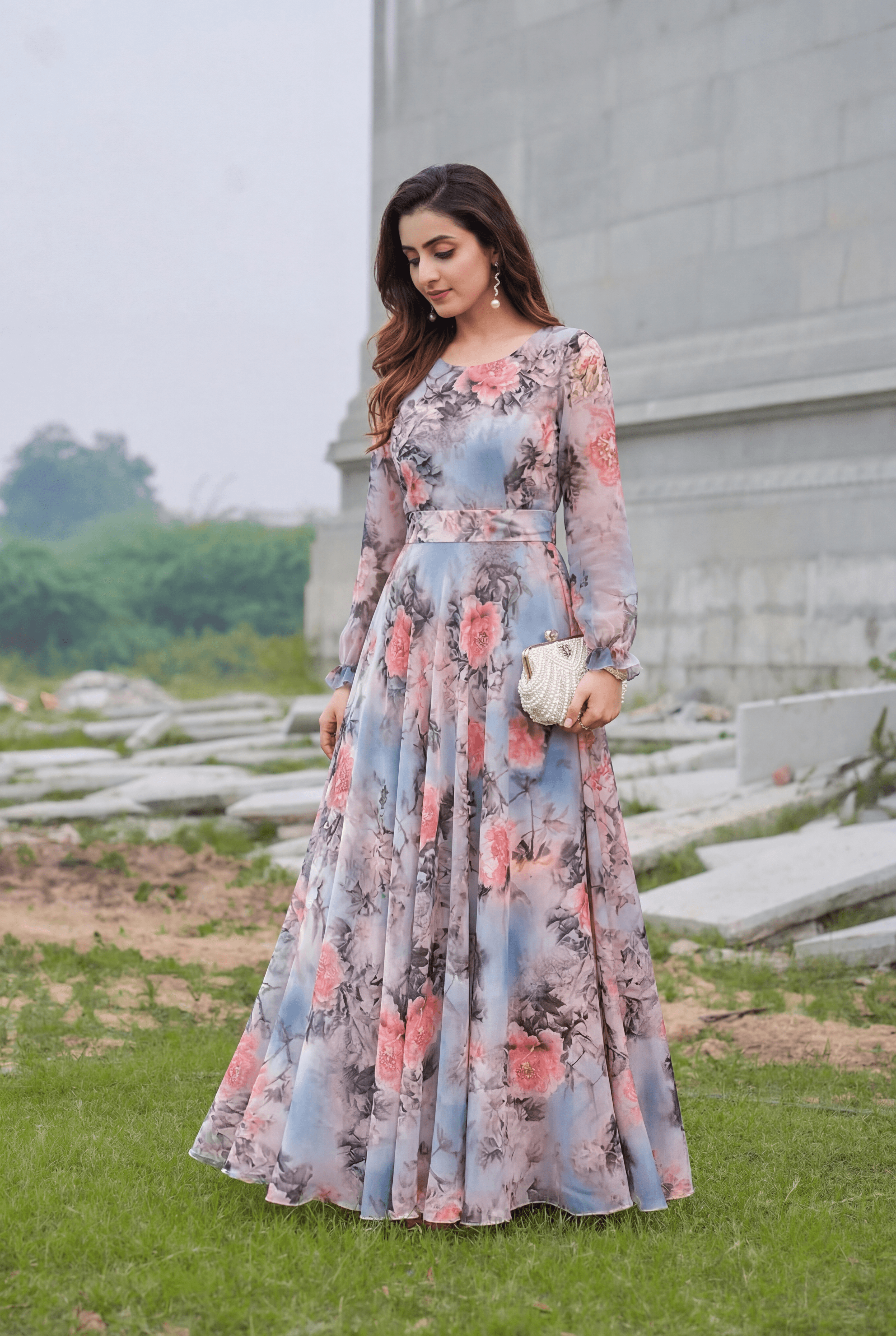Mist Bloom Watercolor Floral Print  Midi Dress