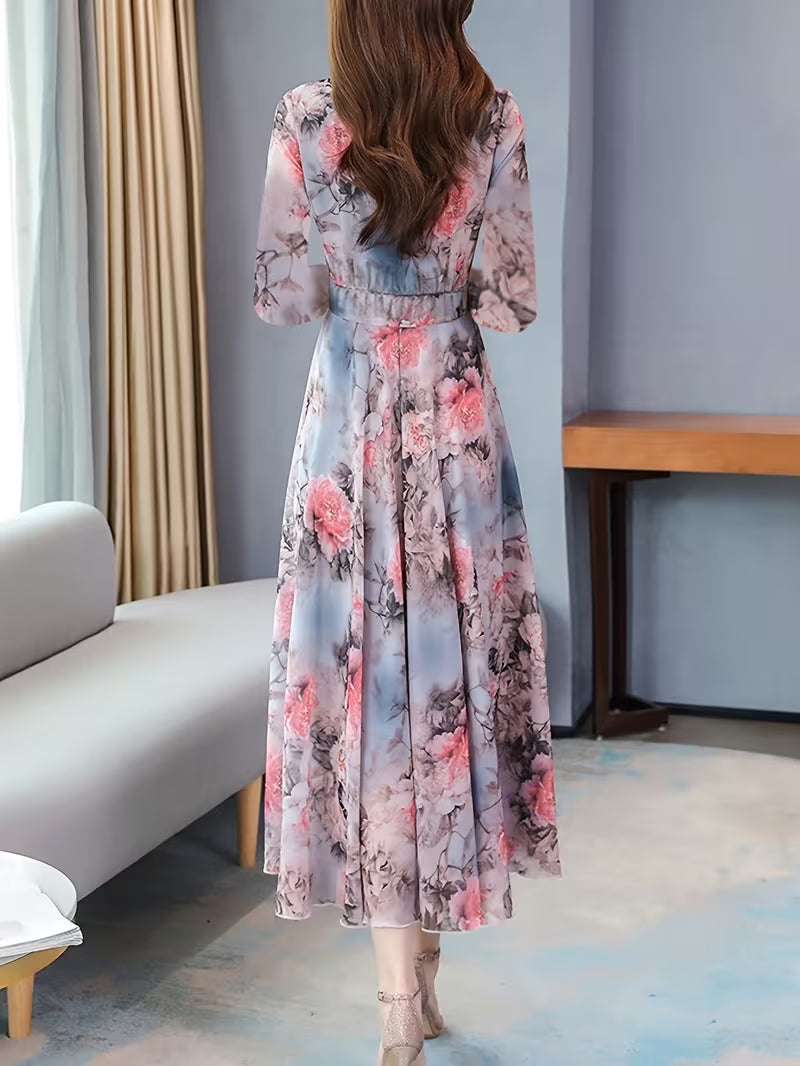 Mist Bloom Watercolor Floral Print  Midi Dress