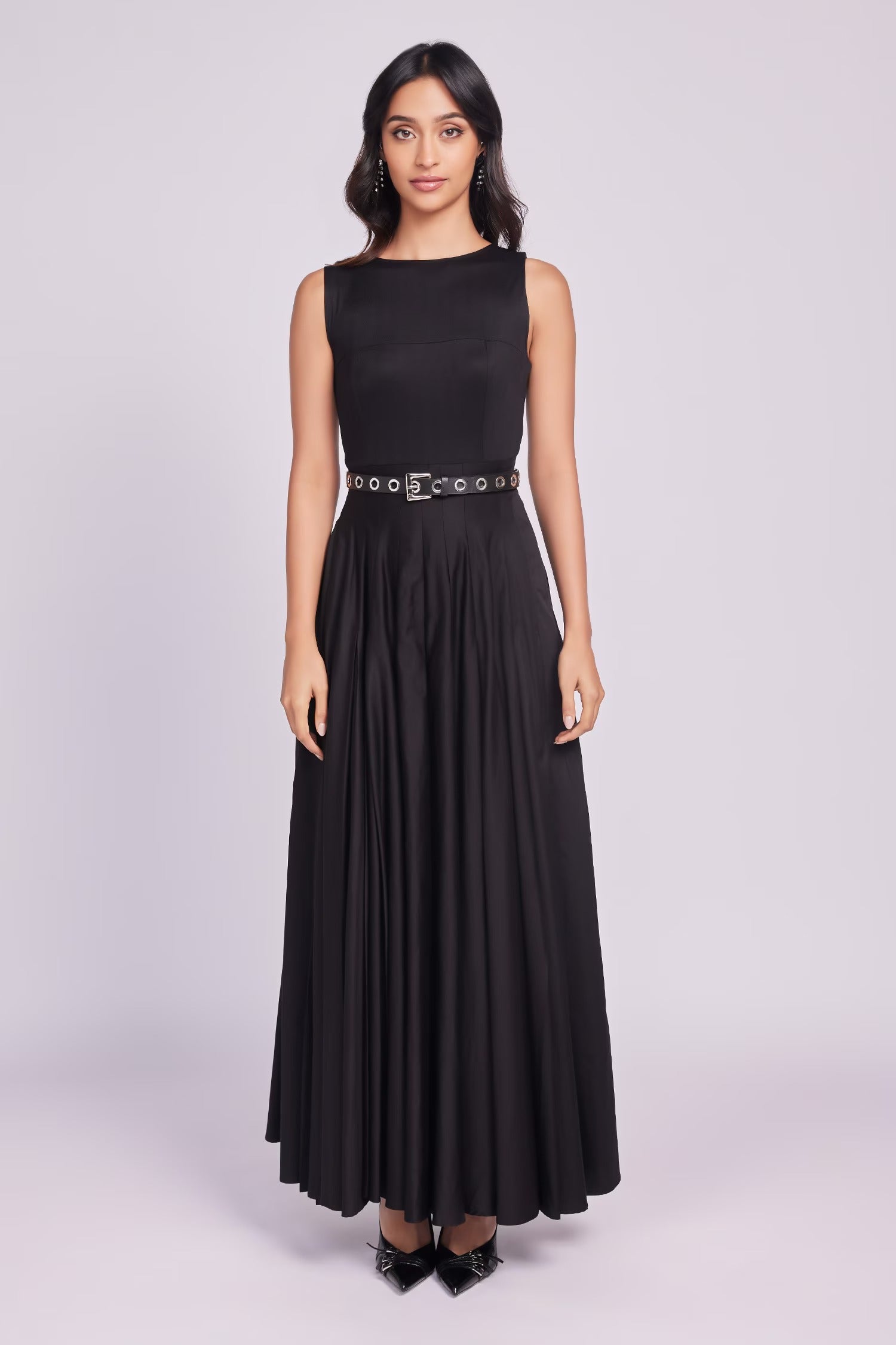 Black Cotton Buckles Round Neck Designer Dress for Women