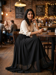 Black Georgette Flowy Maxi Skirt with Elasticated Waist and Sheer Hem