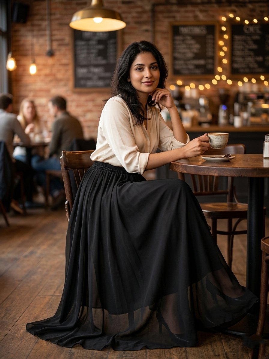 Black Georgette Flowy Maxi Skirt with Elasticated Waist and Sheer Hem