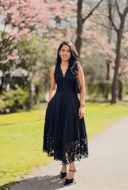 Black Viscose Cotton Lace Plunge Neck Midi Dress for Women