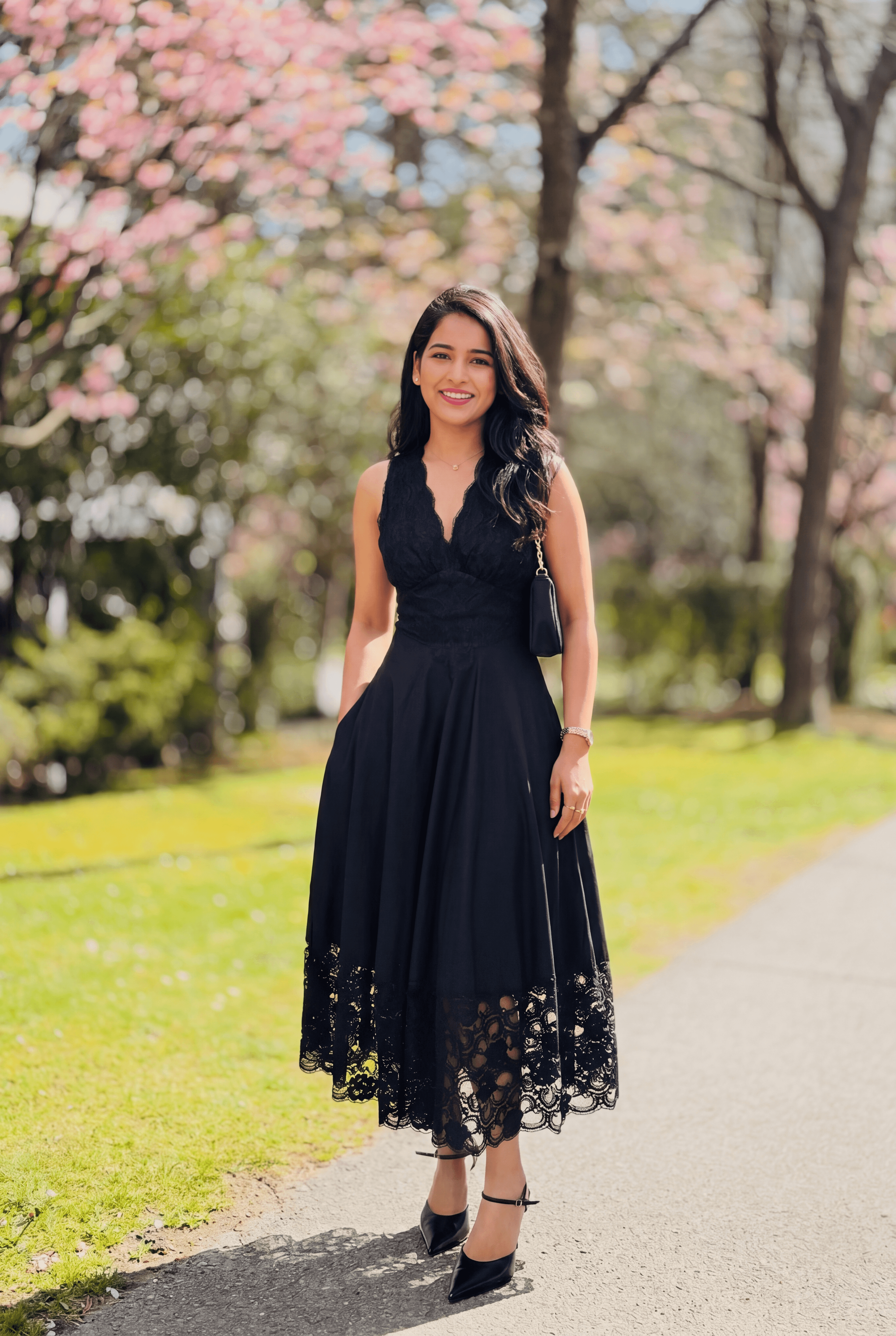 Black Viscose Cotton Lace Plunge Neck Midi Dress for Women