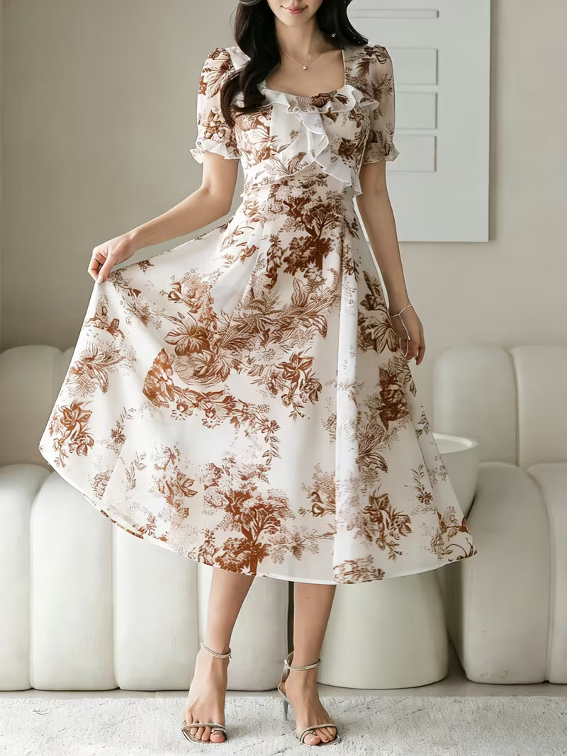 Vintage Toile Floral  Midi Dress with Ruffle Detail