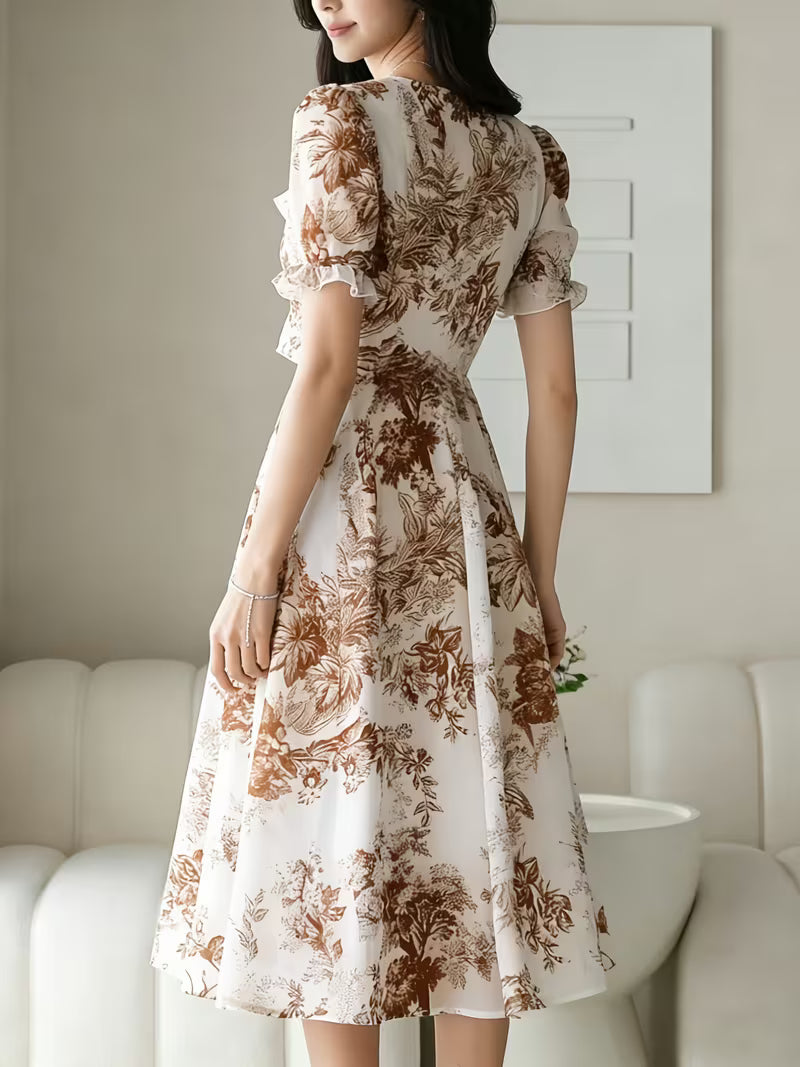 Vintage Toile Floral  Midi Dress with Ruffle Detail