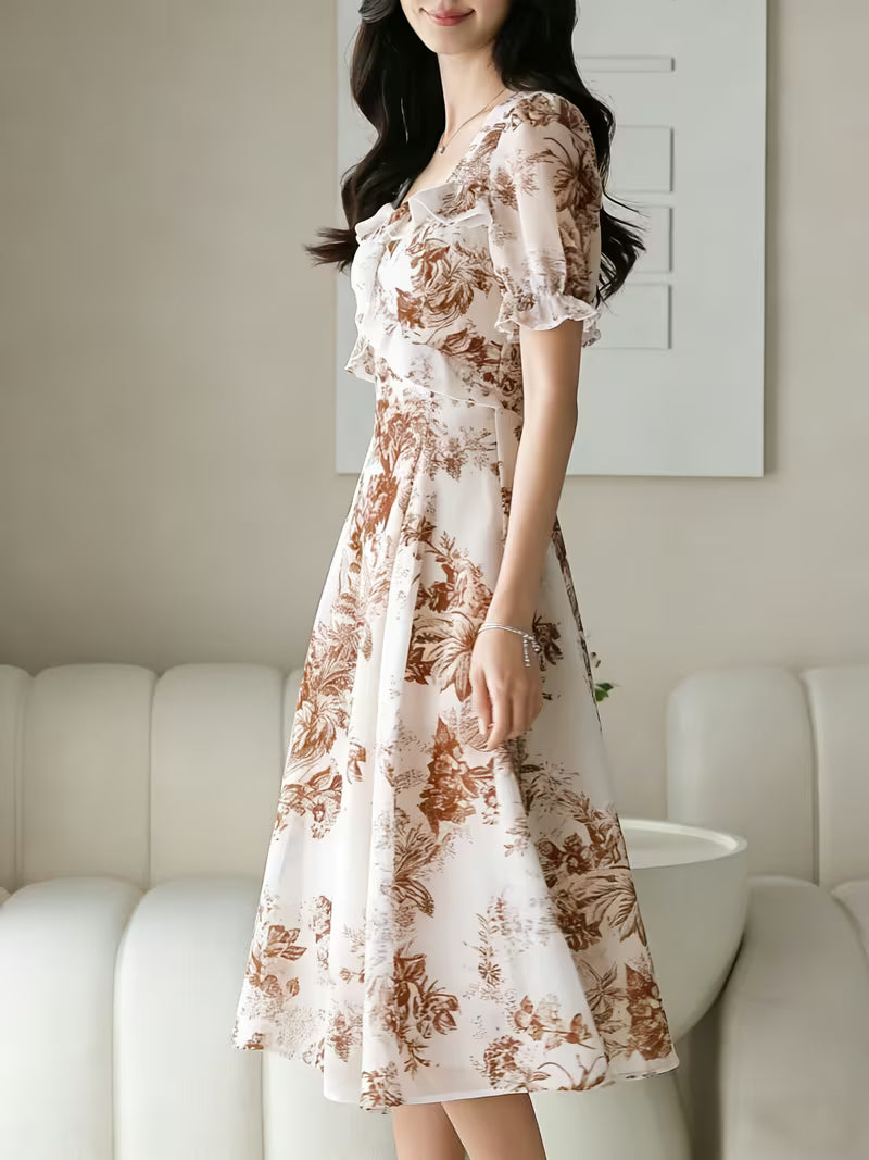 Vintage Toile Floral  Midi Dress with Ruffle Detail