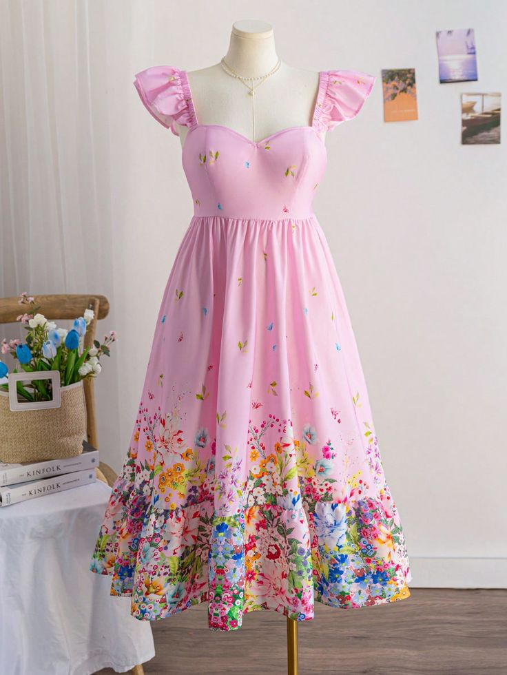 Sky Bloom Vintage Floral Midi Dress