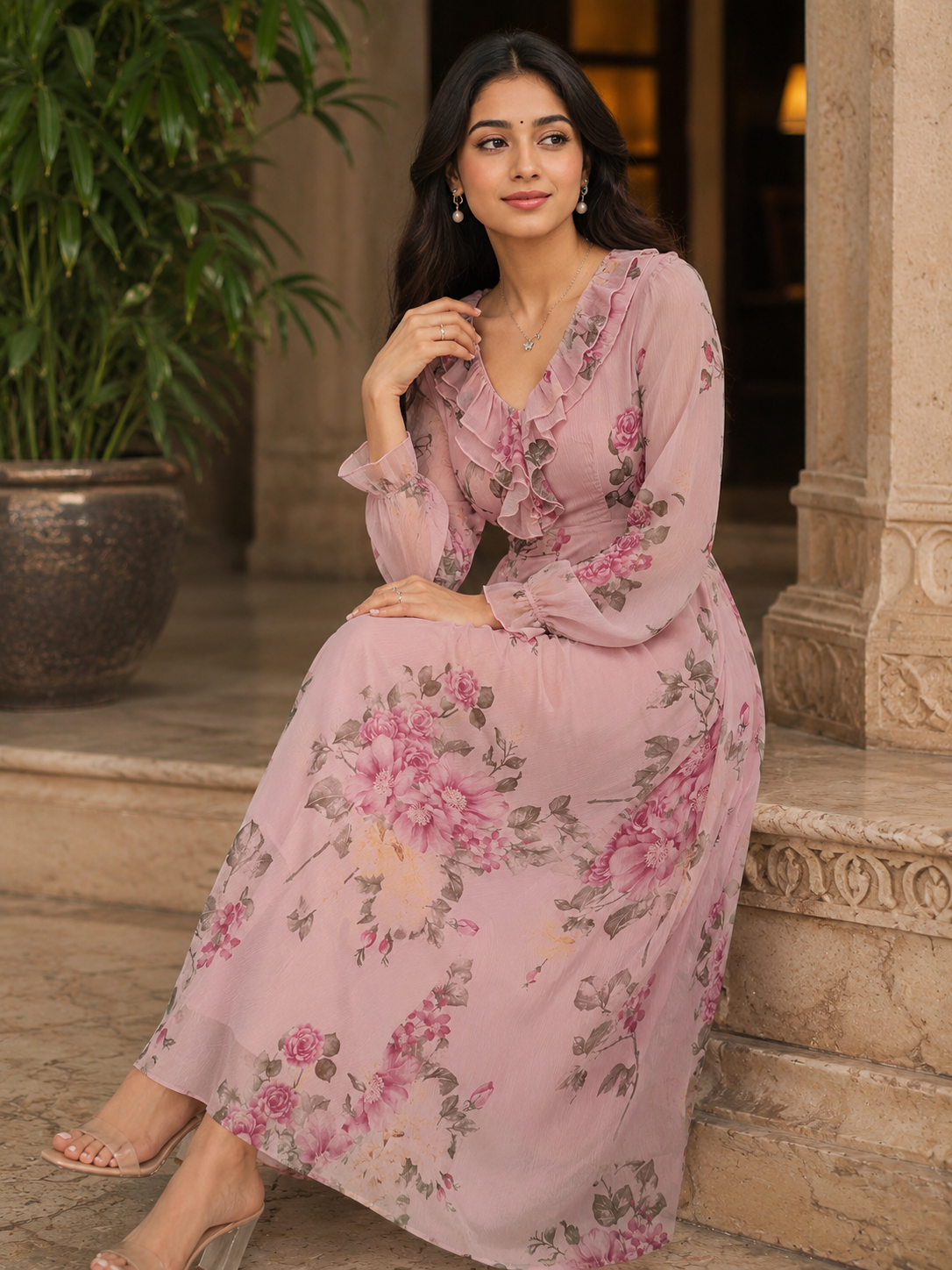 Blush Pink Floral Wrap Maxi Dress with Soft Feminine Print