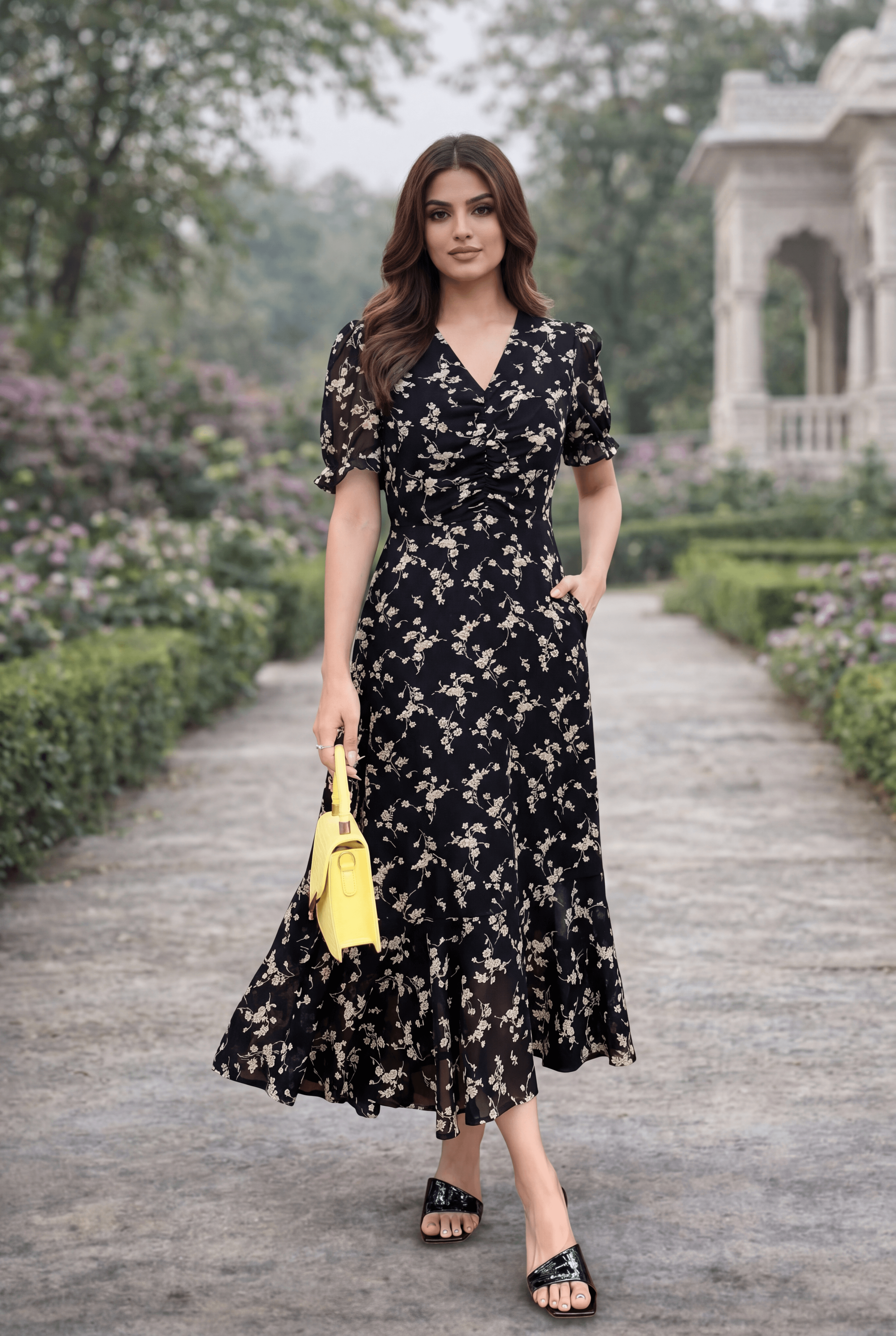 Classic White Floral Print Charm Black Midi Dress Black / georgette / XL