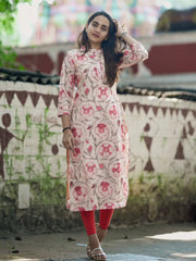 Soft Cream Base with Rose Pink & Light Brown Floral Print kurti