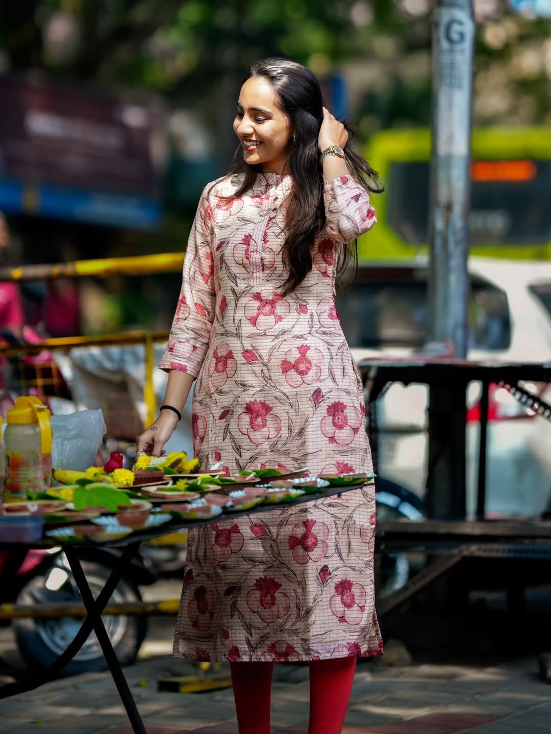 Soft Cream Base with Rose Pink & Light Brown Floral Print kurti