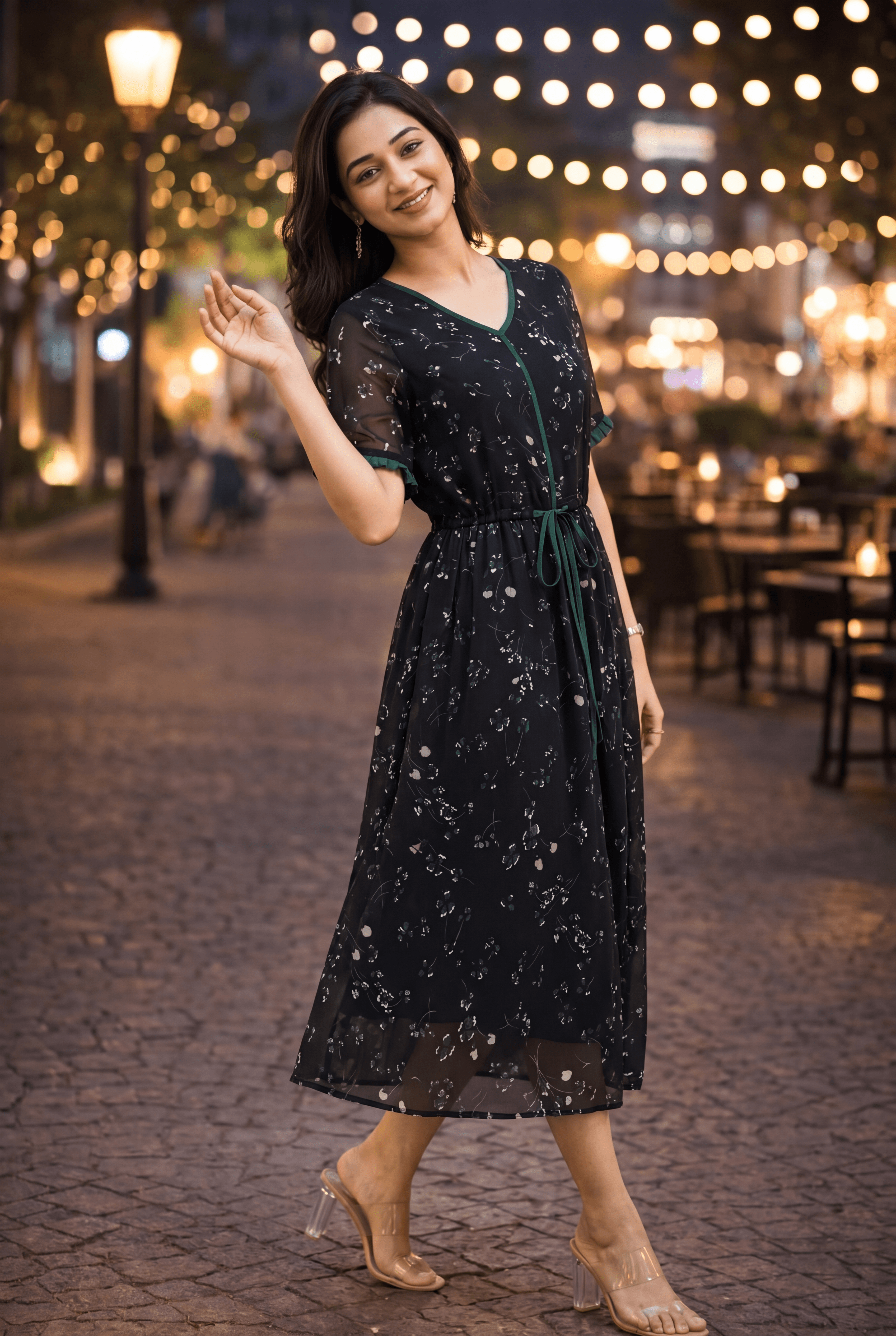 Elegant Black Abstract Floral Print Midi Dress