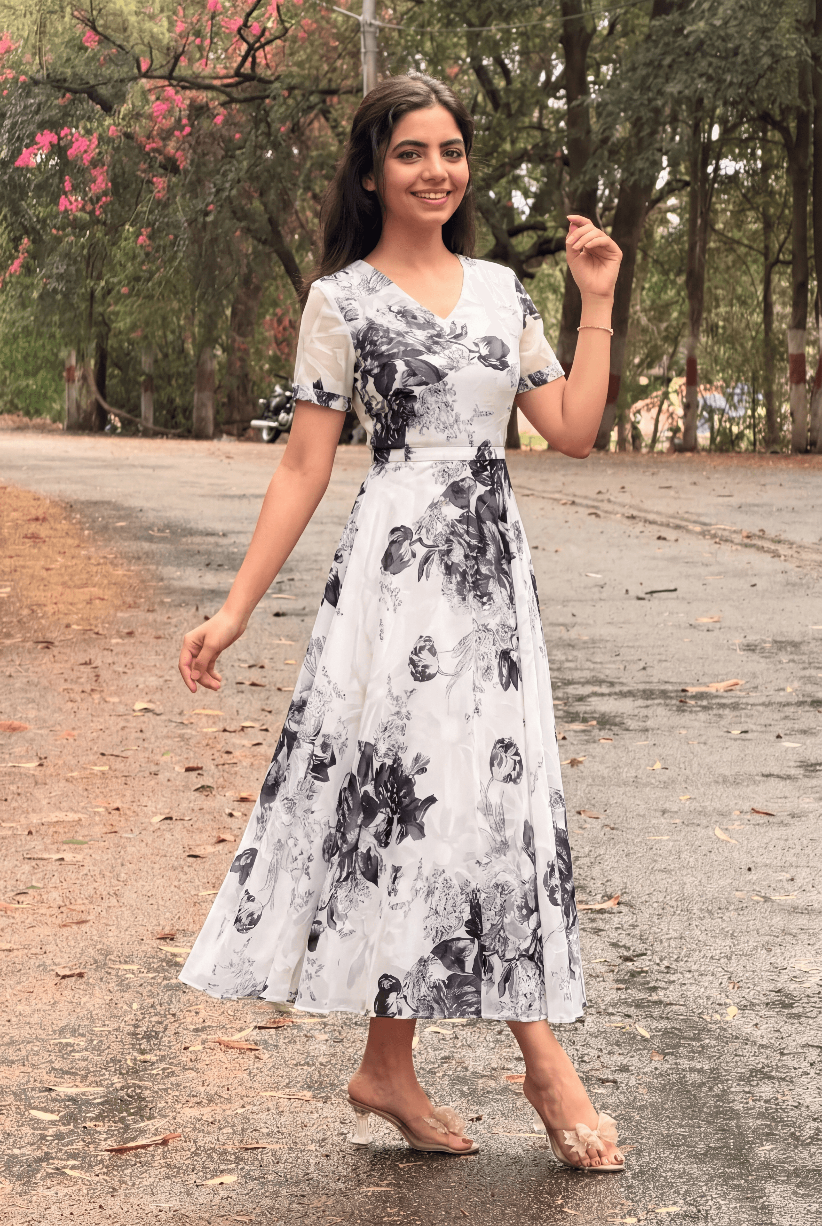 Elegant Black & White Ink Wash Floral Organza Fusion Midi Dress