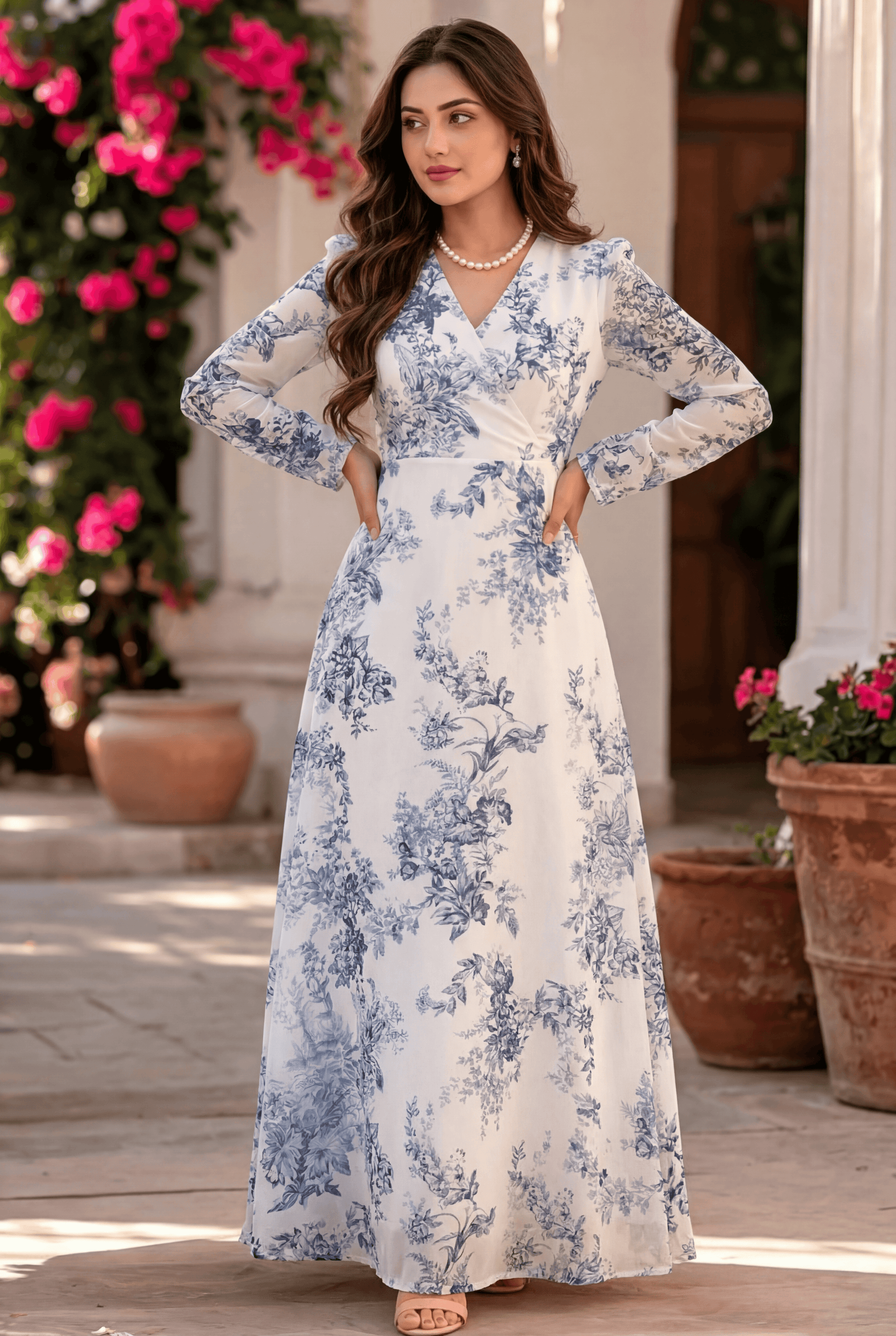 Elegant Ivory White A Line Dress with Classic Blue Detailing Timeless Style with Soft Flow