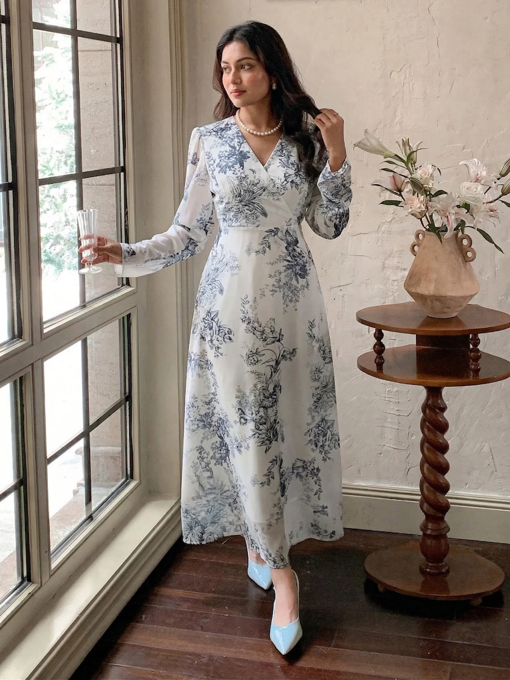 Elegant Ivory White A Line Dress with Classic Blue Detailing Timeless Style with Soft Flow