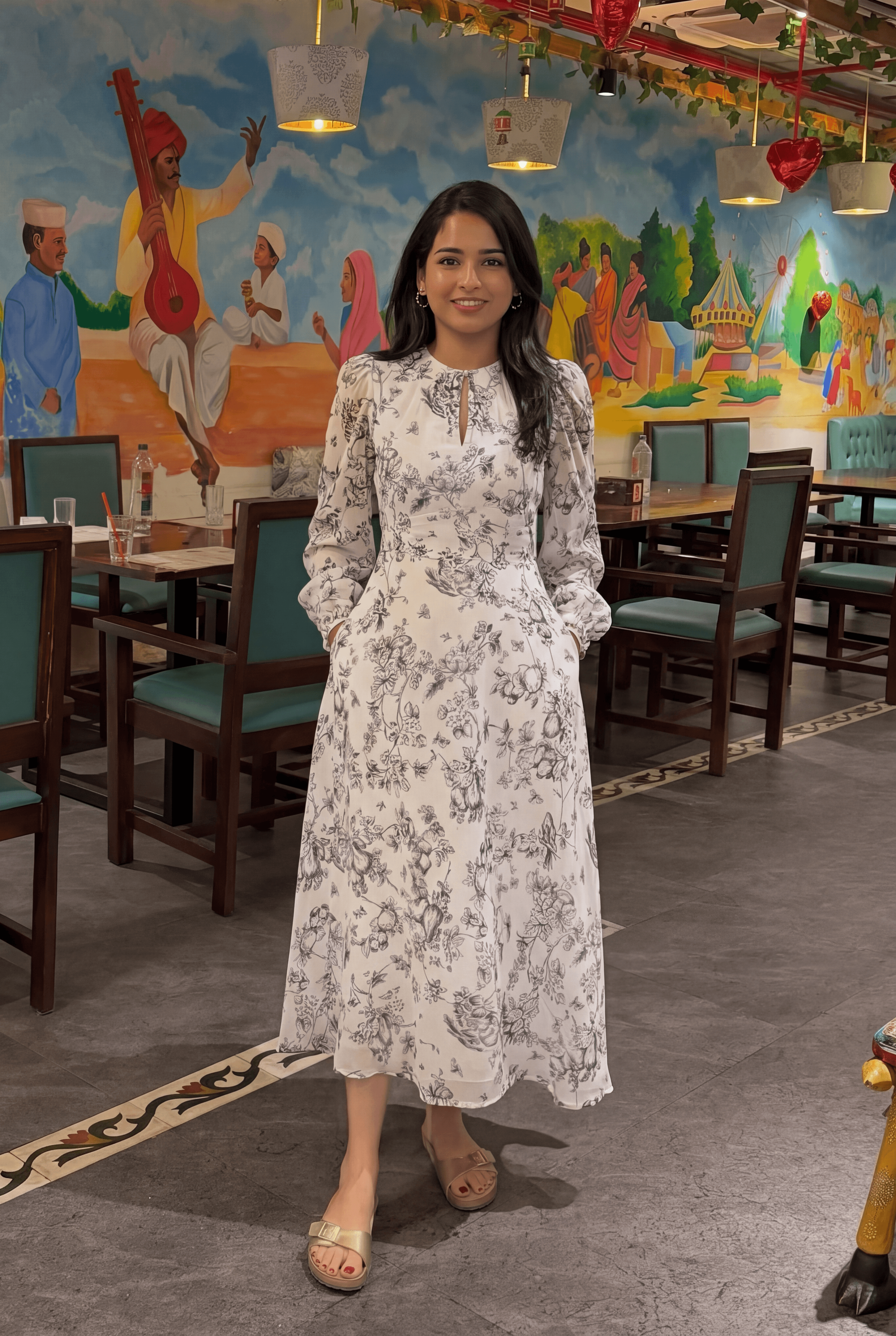 Elegant Monochrome Floral Dress with Lantern Sleeves