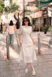 Floral Charm Elegant Midi Dress  Soft Flowing Fabric with Feminine Detailing and Timeless Style