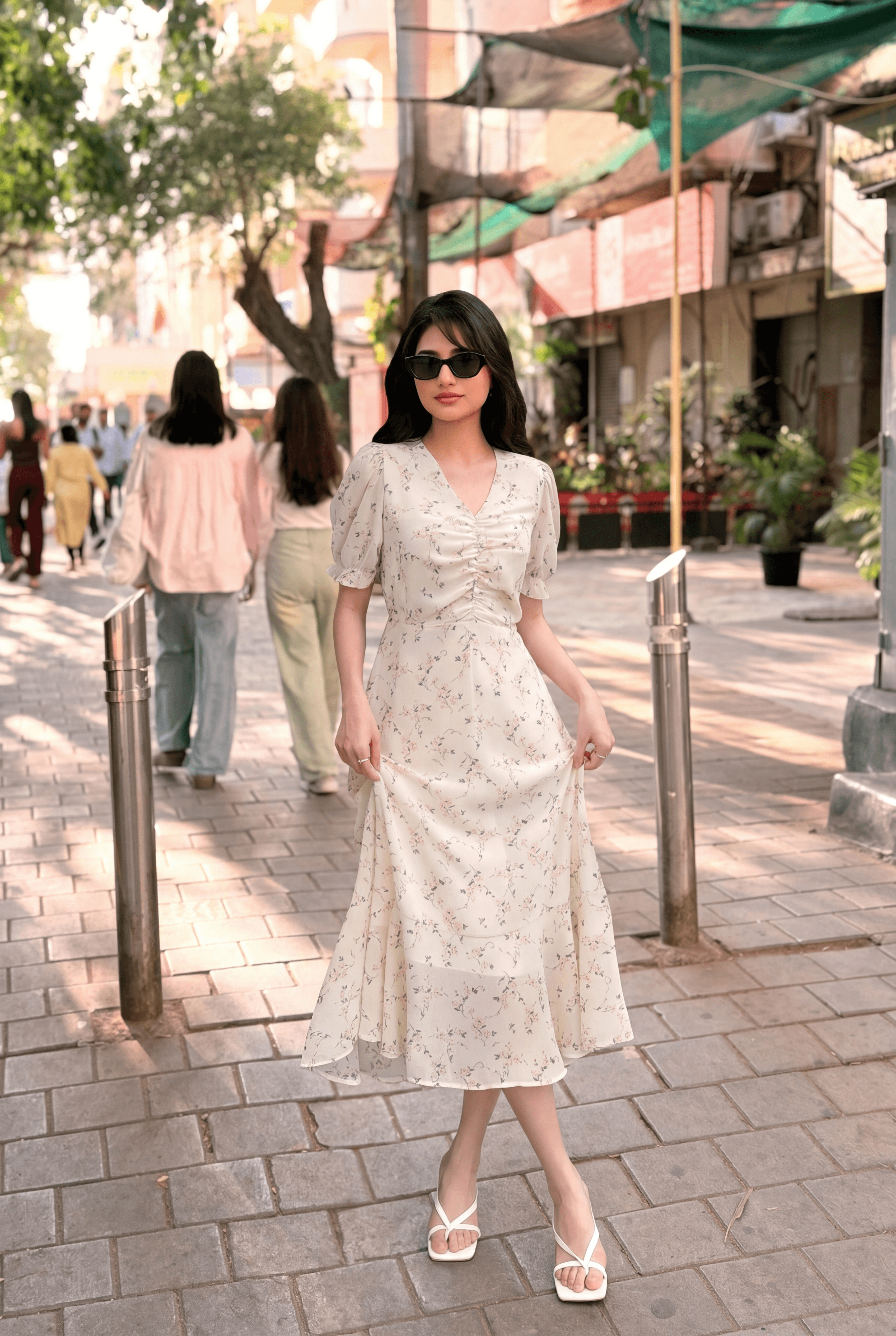Floral Charm Elegant Midi Dress  Soft Flowing Fabric with Feminine Detailing and Timeless Style
