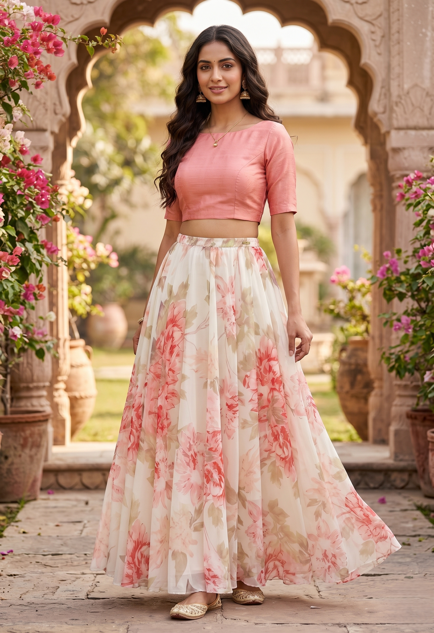 Ivory Pastel Floral Printed Chiffon Maxi Skirt