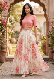 Ivory Pastel Floral Printed Chiffon Maxi Skirt