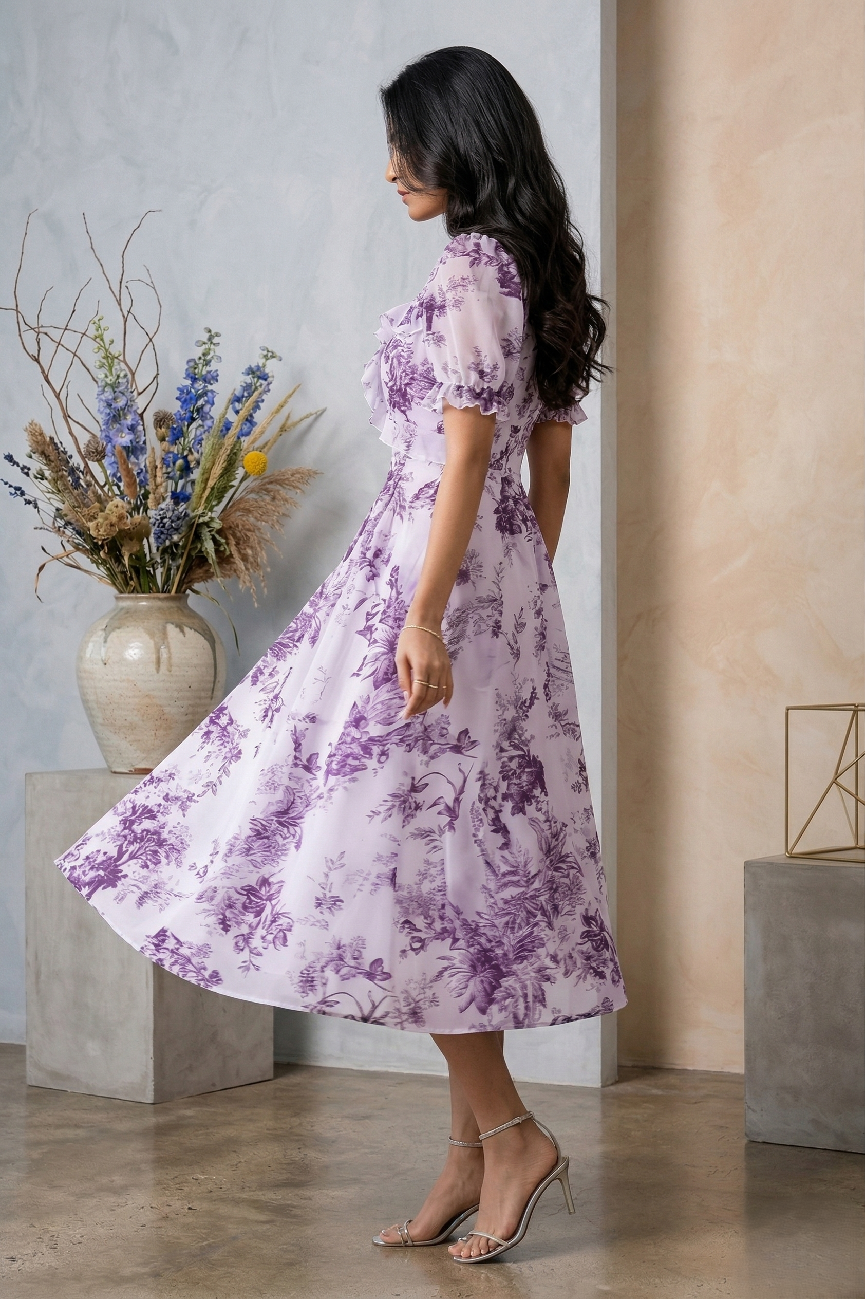 Vintage Toile Floral  Midi Dress with Ruffle Detail