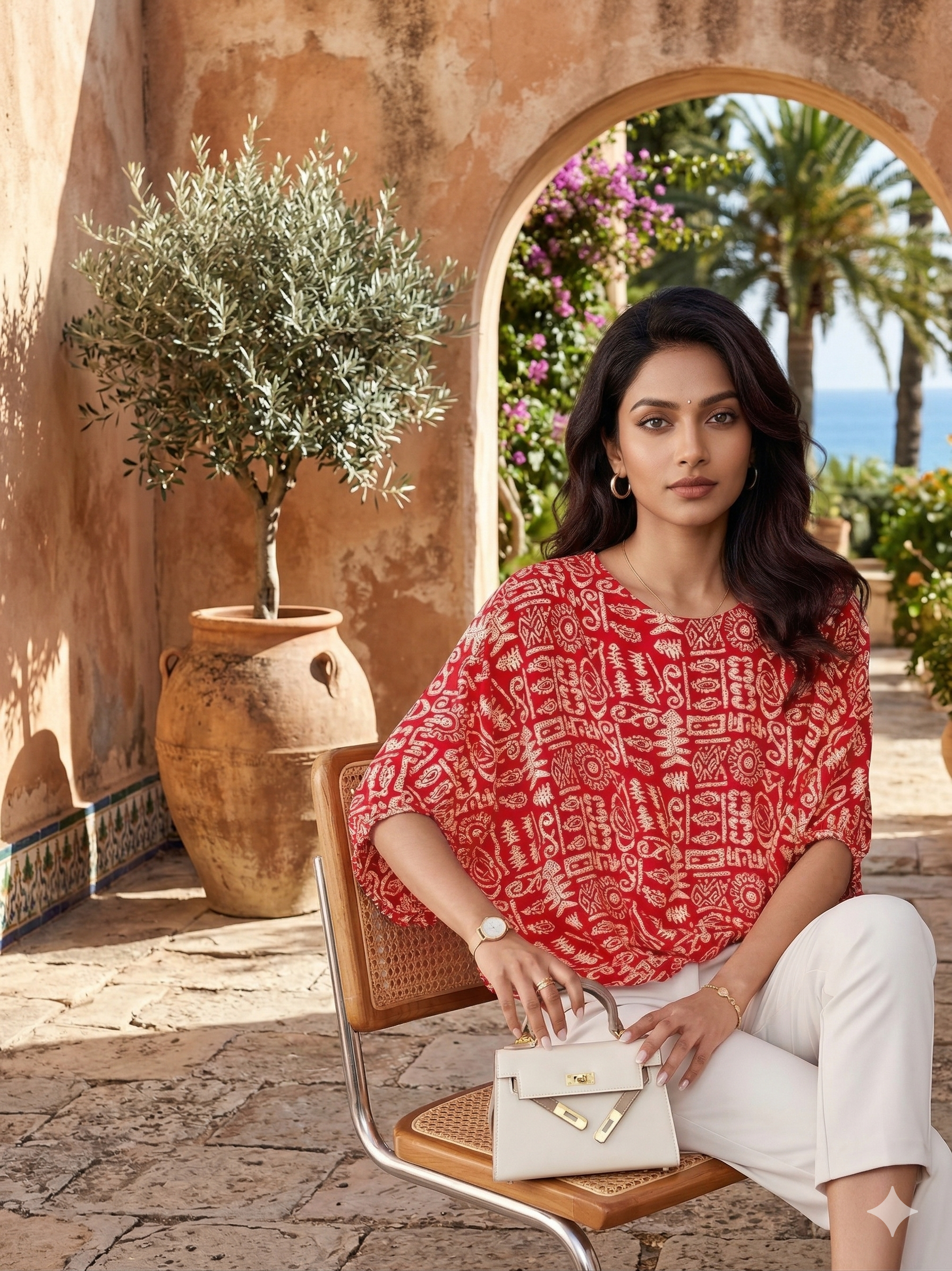 Women's Red Tribal Script Print Rayon Slub Top | Wide Neck Casual Wear