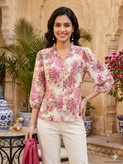 Women's Lavender Floral Print Chiffon Top | Ruffle V-Neck 3/4 Sleeves