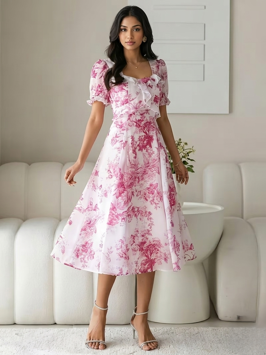 Vintage Toile Floral  Midi Dress with Ruffle Detail