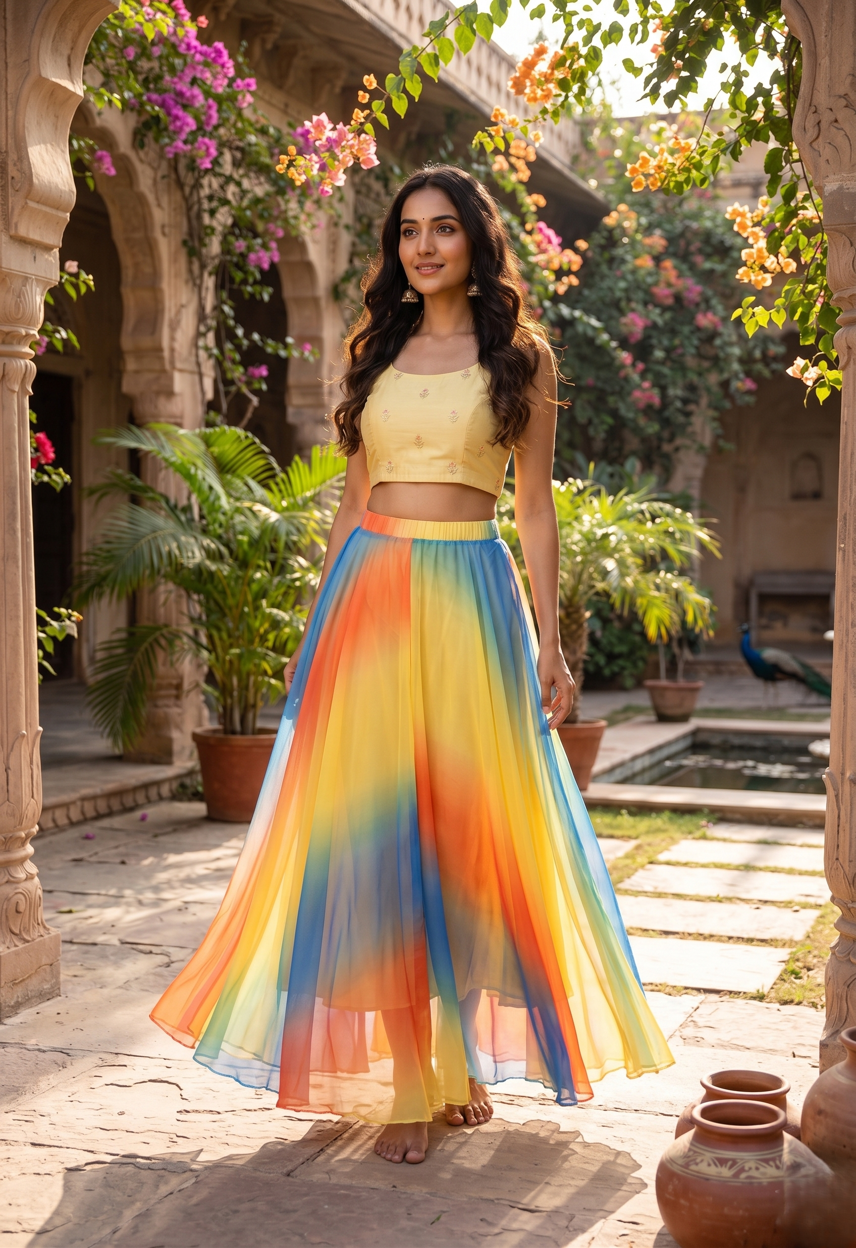 Elegant Women’s Rainbow Ombre Flowing Georgette Maxi Skirt Featuring a Flared Airy Silhouette and Soft Draped Fabric for Timeless Style