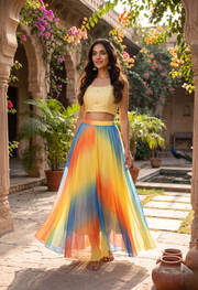 Elegant Women’s Rainbow Ombre Flowing Georgette Maxi Skirt Featuring a Flared Airy Silhouette and Soft Draped Fabric for Timeless Style