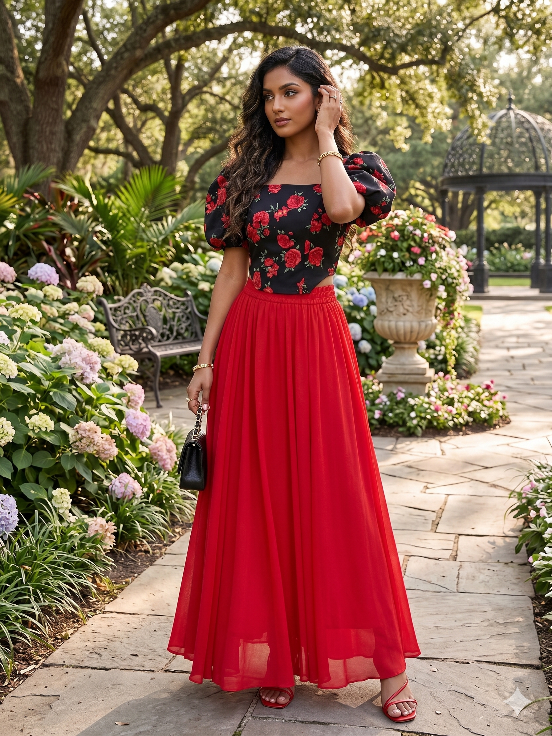A bold and graceful style Scarlet Flow Red Pleated Maxi Skirt for Women