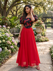A bold and graceful style Scarlet Flow Red Pleated Maxi Skirt for Women
