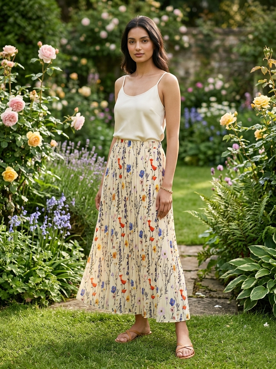 Ivory Meadow Bloom Women’s Maxi Skirt Flowing Lightweight Fabric with Romantic Floral