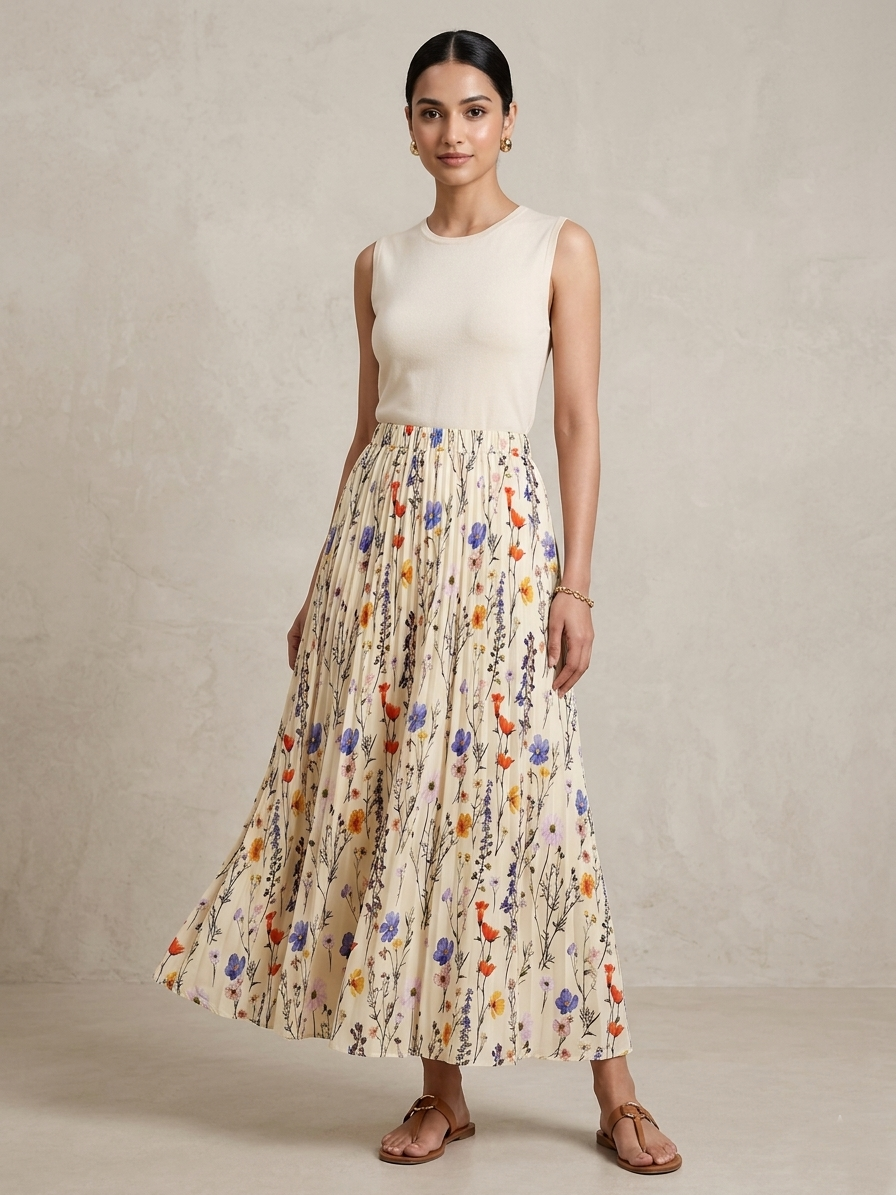 Ivory Meadow Bloom Women’s Maxi Skirt Flowing Lightweight Fabric with Romantic Floral