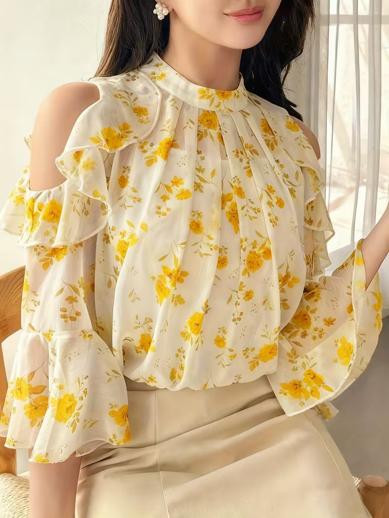 Floral Cold Shoulder Flounce Sleeve Chiffon Top