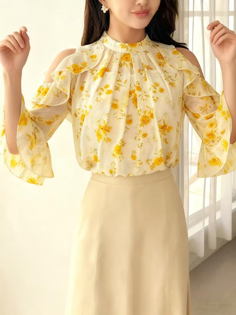Floral Cold Shoulder Flounce Sleeve Chiffon Top