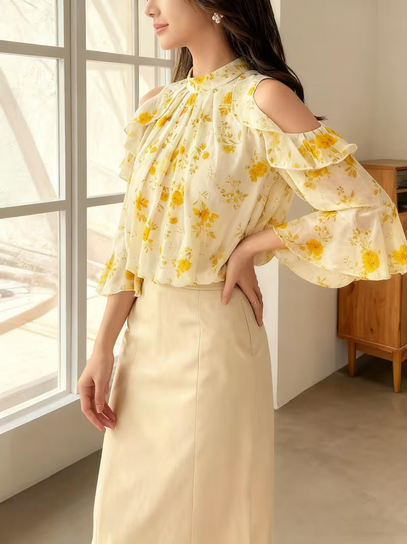 Floral Cold Shoulder Flounce Sleeve Chiffon Top
