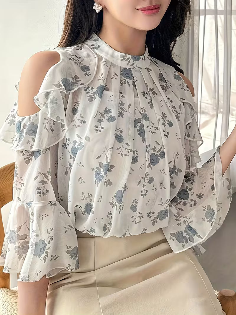 Floral Cold Shoulder Flounce Sleeve Chiffon Top