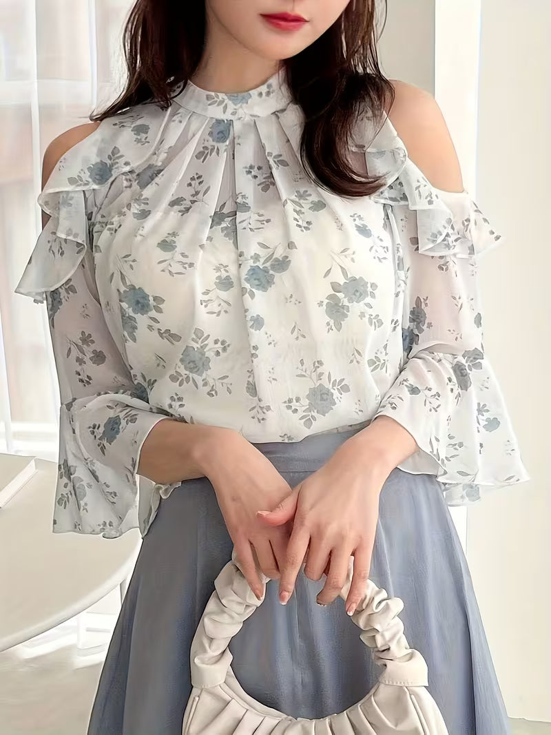 Floral Cold Shoulder Flounce Sleeve Chiffon Top